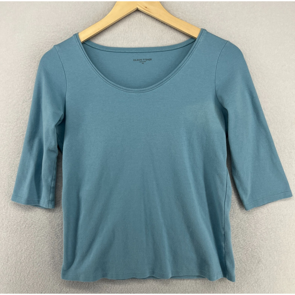 EILEEN FISHER Top XS Cotton Interlock Jersey Scoop Neck 3/4 Sleeve Blue